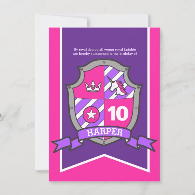 Prinzessin Ritter Schild Kinder 10. Geburtstag läd Einladung (Vorderseite)