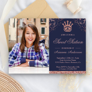 Prinzessin Roségold Glitter-Foto Sweet Sixteen Einladung