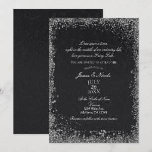 Prinzessin Schwarze Damast Elegante Märchenhochzei Einladung