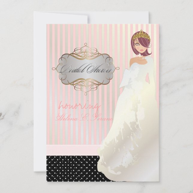 Prinzessin + Tiara/Streifen/Polka-Punkte/Brautpart Einladung (Vorderseite)