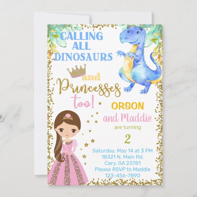 Prinzessin und Dinosaurier Geschwister Geburtstags Einladung (Vorderseite)