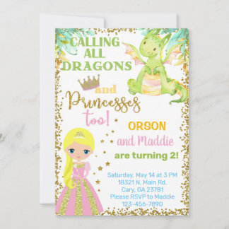 Prinzessin und Drachenbruder zum Geburtstag.  Einladung