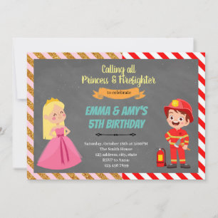 Prinzessin und Feuerwehrmann gemeinsame Party-Einl Einladung