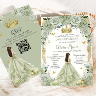 Prinzessin und Frosch Sage Grün Blumige Quinceañer Einladung