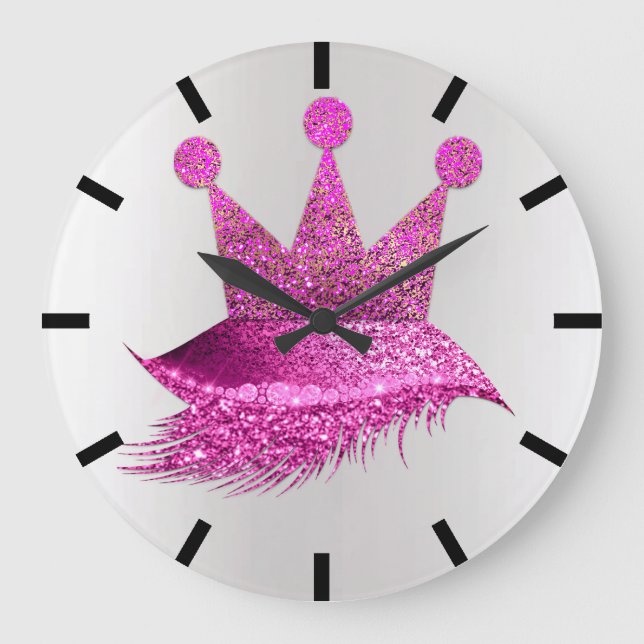 Prinzessin von Lashes Crown Pink Grey Black Glitze Große Wanduhr (Vorderseite)