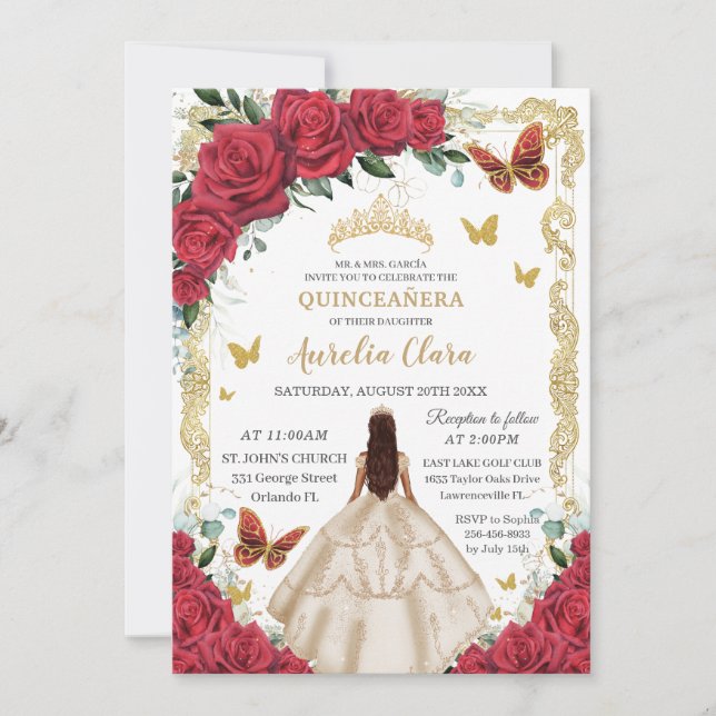 Prinzessin von Quinceañera Red Floral Champagne Einladung (Vorderseite)