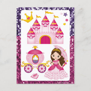 Prinzessinnen Schloss Goldkrone Rosa Lila Paillett Postkarte