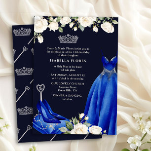 Prinzessinnenkleid und Rosen Blaue Quinceanera-Mes Einladung