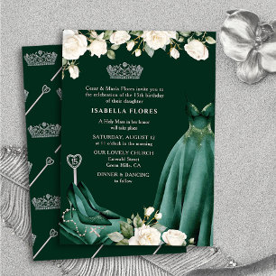 Prinzessinnenkleid und Rosen Grüne Quinceanera-Mes Einladung