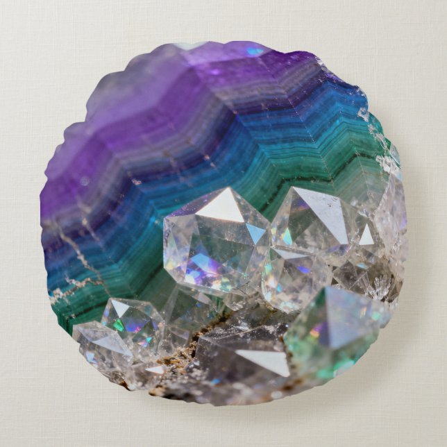 Prismatic Quartz Fusion Vibrant Crystal Design Rundes Kissen (Vorderseite)