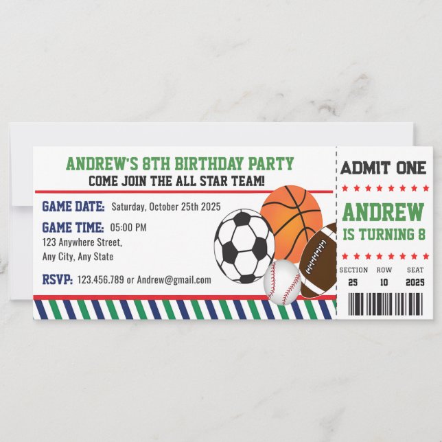 Privates All Star Sports Ticket Geburtstag Einladung (Vorderseite)