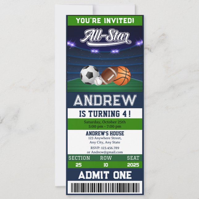 Privates All Star Sports Ticket Geburtstag Einladung (Vorderseite)