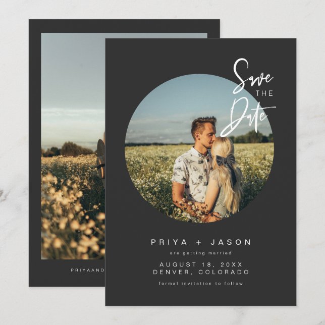 PRIYA Black Round Foto Save the Date Einladung (Vorne/Hinten)