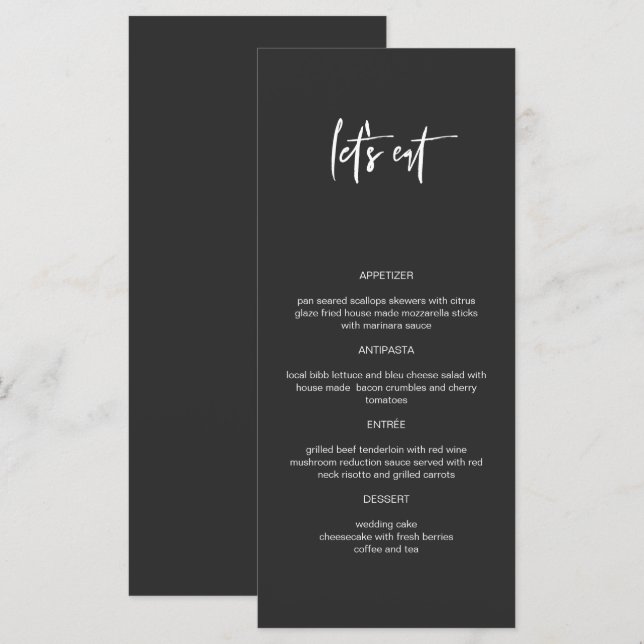 PRIYA Edgy Black Modern Let's Eat Menu Menükarte (Vorne/Hinten)