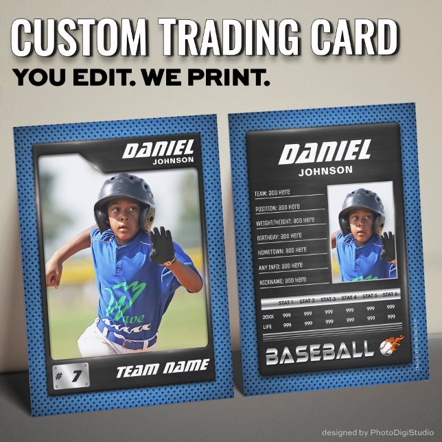 PRO Baseball-Karte mit der Trading Card des Stats  Telefonnummerkarte (Custom Baseball Trading Card, Blue Black PRO Stats Player Card)