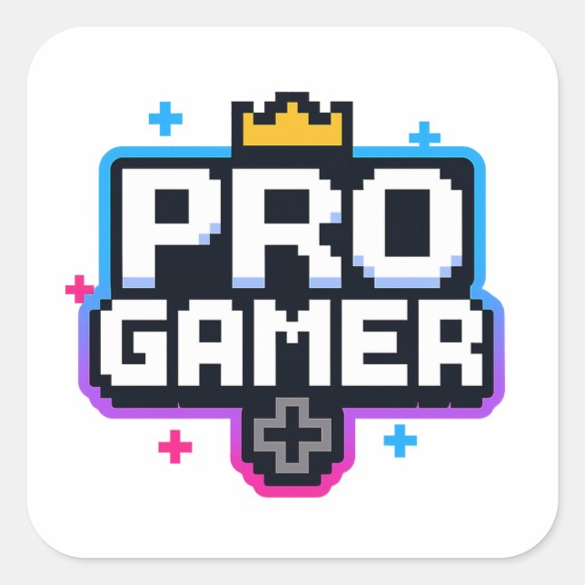PRO GAMER — Pixel Art 8-Bit-Abzeichen Quadratischer Aufkleber (Vorderseite)