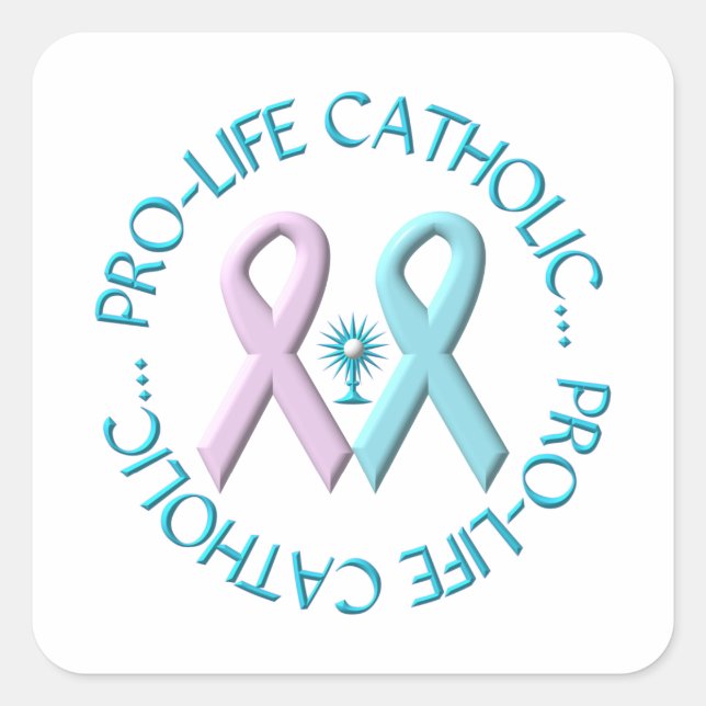 Pro-Life Katholik w/Monstrance & Pink/Blue Ribbons Quadratischer Aufkleber (Vorderseite)