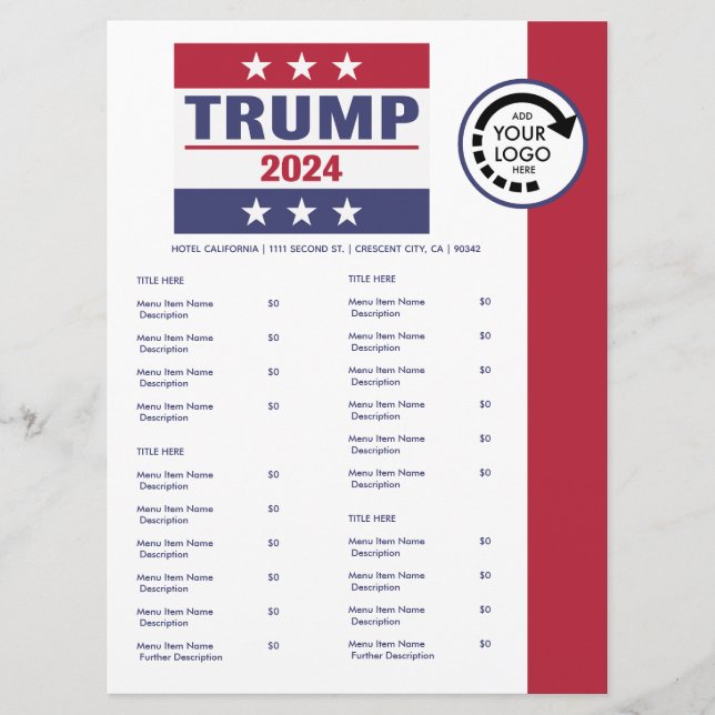 Pro Trump 2024 Logo-Restaurant "Abnehmen" Menükarte (Vorderseite)