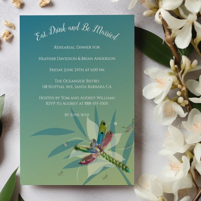 Probe-Abendessen der Libelle Einladung (Resting Dragonfly Wedding Rehearsal Dinner Invitation)