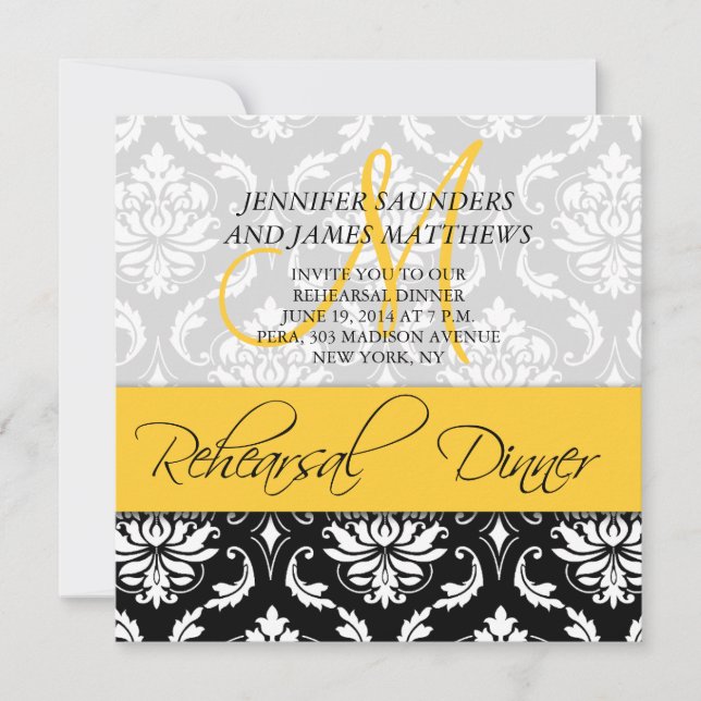 Probe Abendessen Einladung Damask Monogramm Gelb (Vorderseite)