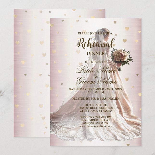 Probe Abendessen Rose Winter Hochzeit Braun Golden Einladung (Vorne/Hinten)