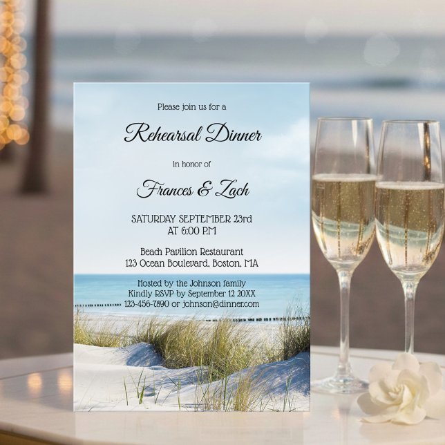 Probe "Beach and Dunes" Einladung (Modern rehearsal dinner invitation with an image of dunes overlooking a beach)