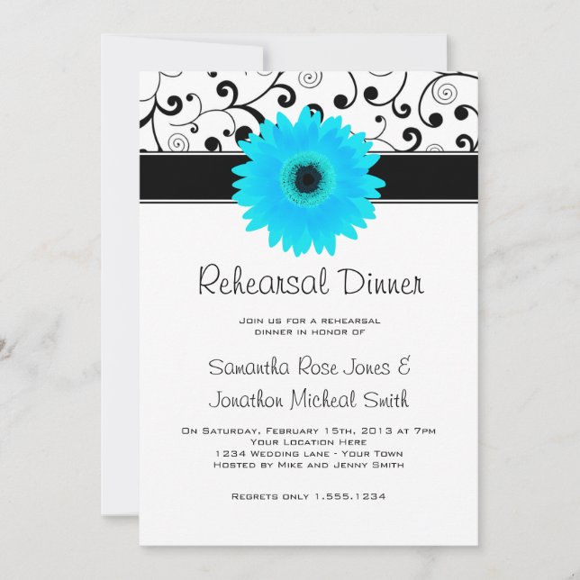 Probe Dinner Blue Gerbera Daisy Black Scroll Einladung (Vorderseite)