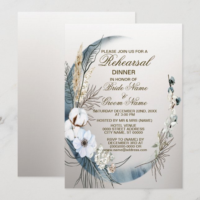 Probe Dinner Boho White Blume Blue Moon Party Einladung (Vorne/Hinten)