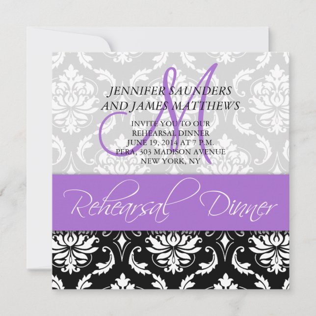 Probe Dinner Einladung Damask Monogram Lavendel (Vorderseite)