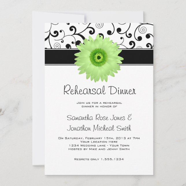 Probe Dinner Green Gerbera Daisy Black Scroll Einladung (Vorderseite)