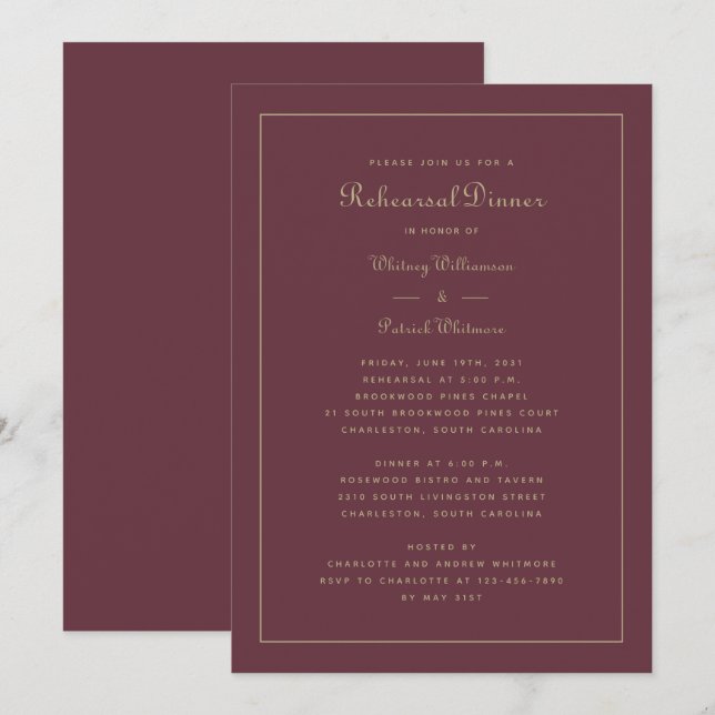 Probe Dinner Hochzeit Elegantes Burgund Gold Einladung (Vorne/Hinten)