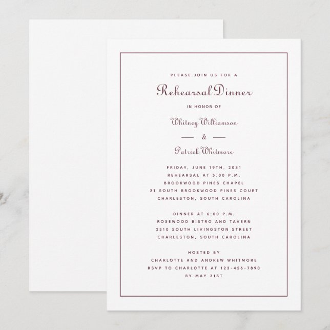Probe Dinner Hochzeit Elegantes Burgundy Script Einladung (Vorne/Hinten)