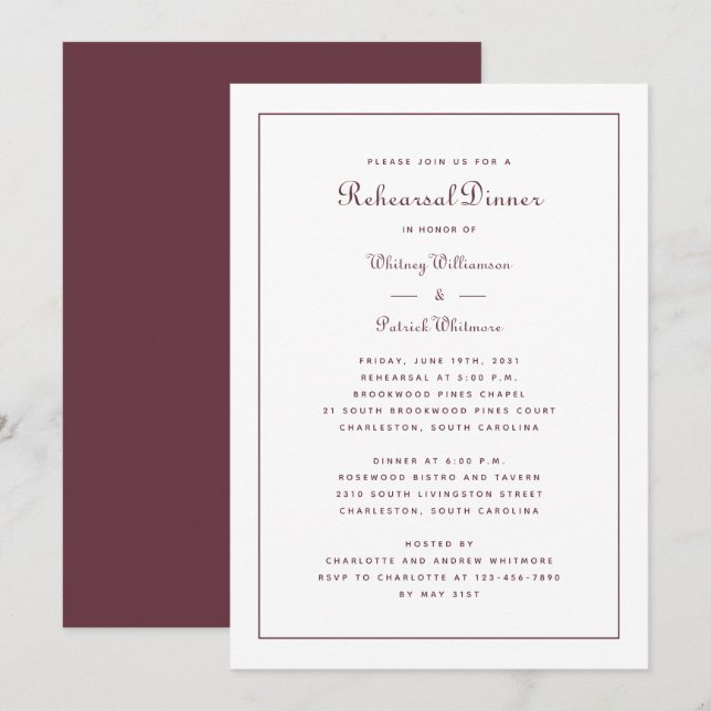 Probe Dinner Hochzeit Elegantes Script Burgundy Einladung (Vorne/Hinten)