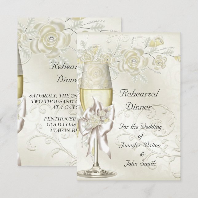Probe Dinner Hochzeit Gold Creme Pearl Floral Einladung (Vorne/Hinten)