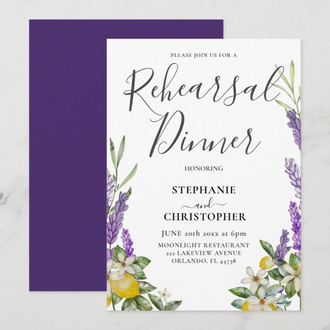 Probe Dinner Lemon & Lavender Foliage Hochzeit Einladung (Vorne/Hinten)