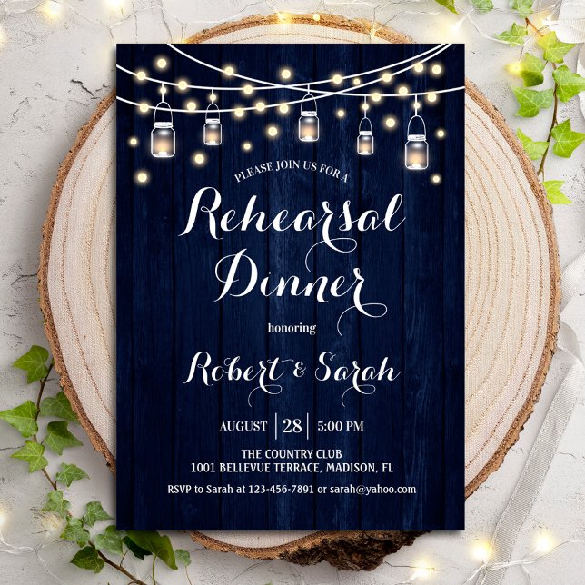 Probe Dinner - Navy Blue Rustic Wood Einladung (Von Creator hochgeladen)