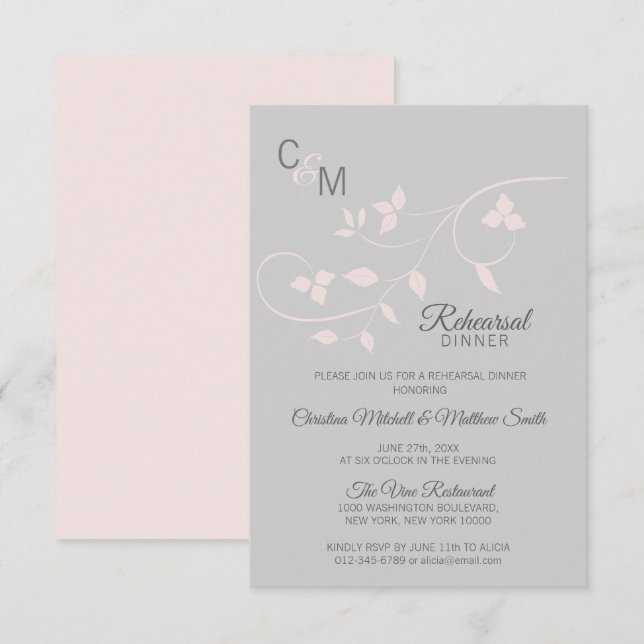 PROBE DINNER Pastel Rose Pink Gray Hochzeit Einladung (Vorne/Hinten)