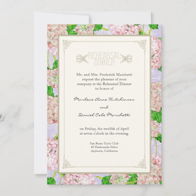 Probe Dinner - Pink Hydrangea Spitz Floral Einladung (Vorderseite)
