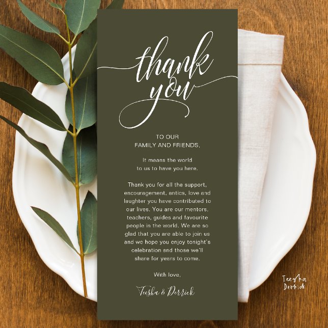 Probe Dinner Place Einstellung Danke Karte (Modern Script Wedding Guest Dinner Reception Brunch Lunch Thank You Card in Olive Green)