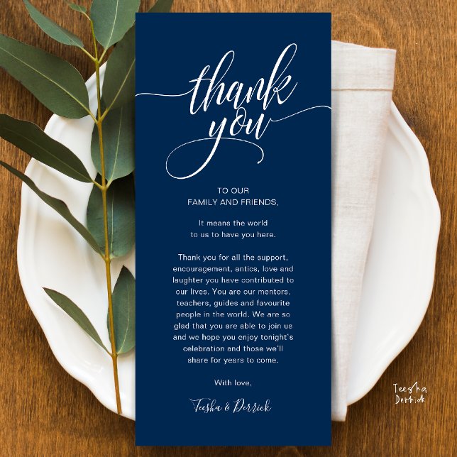 Probe Dinner Place Einstellung Danke Karte (Modern Script Wedding Guest Dinner Reception Brunch Lunch Thank You Card in Classy Navy Blue)
