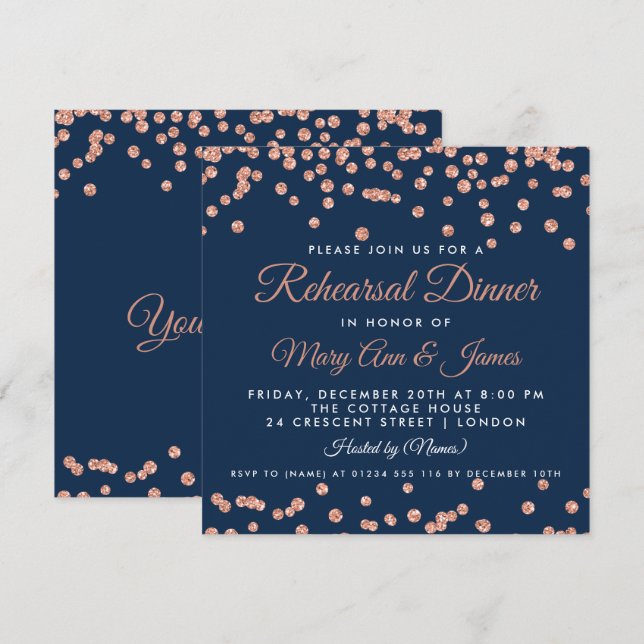 Probe Dinner Rose Gold Glitzer Confetti Marine Einladung (Vorne/Hinten)