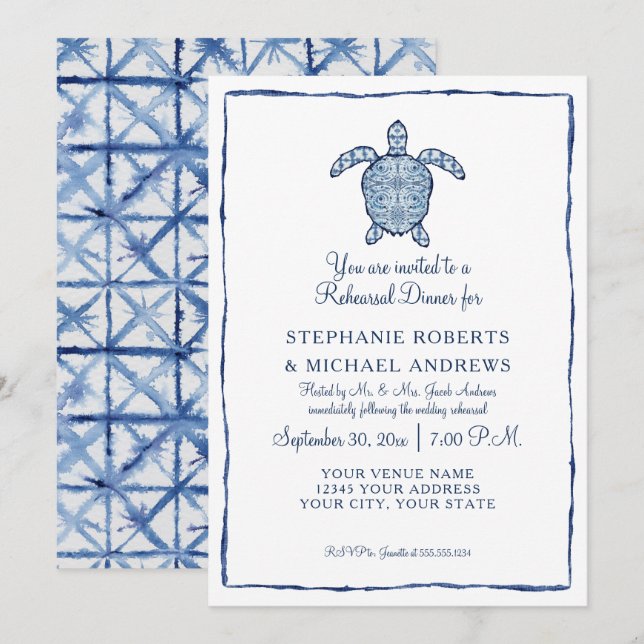 Probe Dinner Shibori Indigo Seaturtle Beach Einladung (Vorne/Hinten)