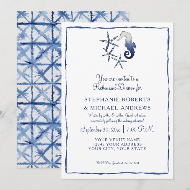Probe Dinner Shibori Seepferd Starfish Beach Einladung (Vorne/Hinten)