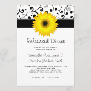 Probe Dinner Yellow Gerbera Daisy Black Scroll Einladung