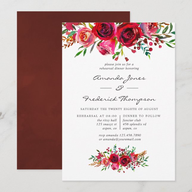 Probe Hochzeitsessen mit floraler Wasserfarbe Einladung (Vorne/Hinten)