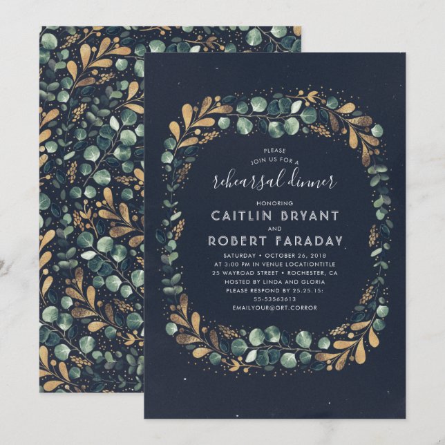 Probe Navy Blue Green und Gold Green Dinner Einladung (Vorne/Hinten)