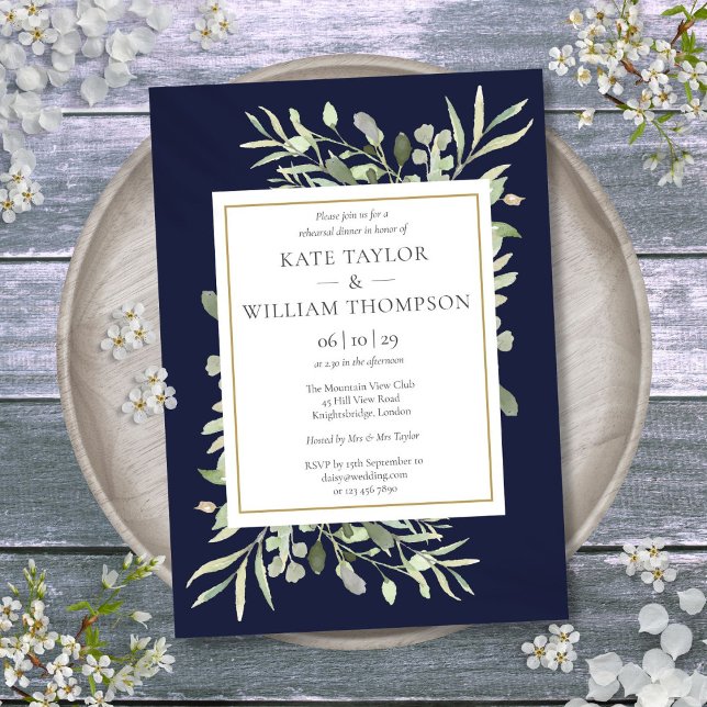 Probe Navy Blue Watercolor Grüne Abendessen Einladung (Navy Blue Watercolor Greenery Rehearsal Dinner Invitation)