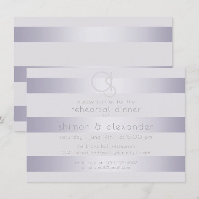 Probe | Violet Silber Shimmer Strip Monogram2 Einladung (Vorne/Hinten)