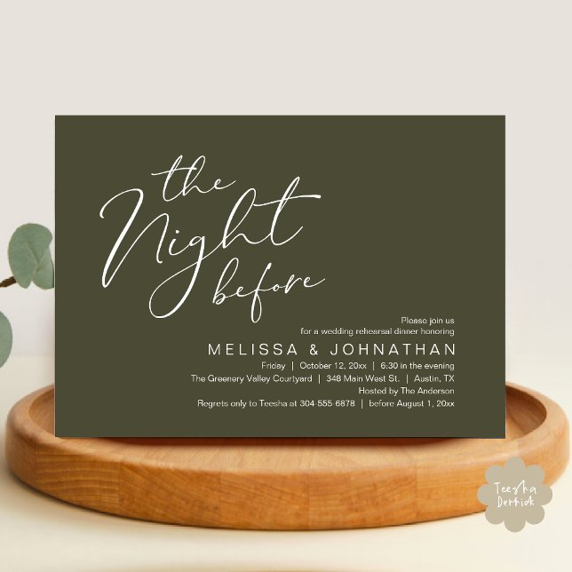 Probedinner am Abend vor der Hochzeit  Einladung (The Night Before Romantic Modern Wedding Rehearsal Dinner Aesthetic Invites PDF Classy Olive Green)