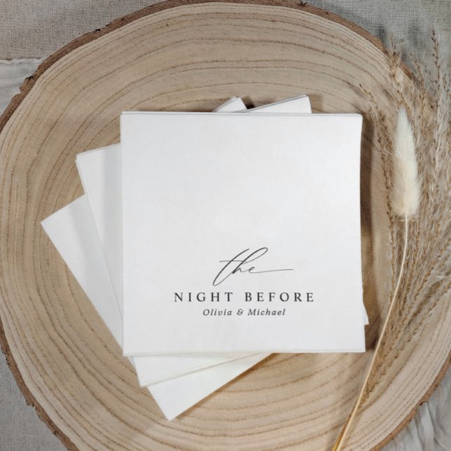 Probedinner am Abend vor Schwarz & Weiß Serviette (Black and white rehearsal dinner napkins with “the night before” in modern elegant minimalist style)